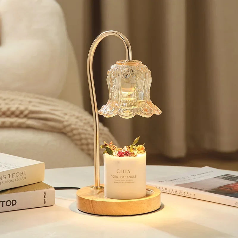 Glass Flower Candle Warmer Lamp | Dimmable | Wood & Gold Base