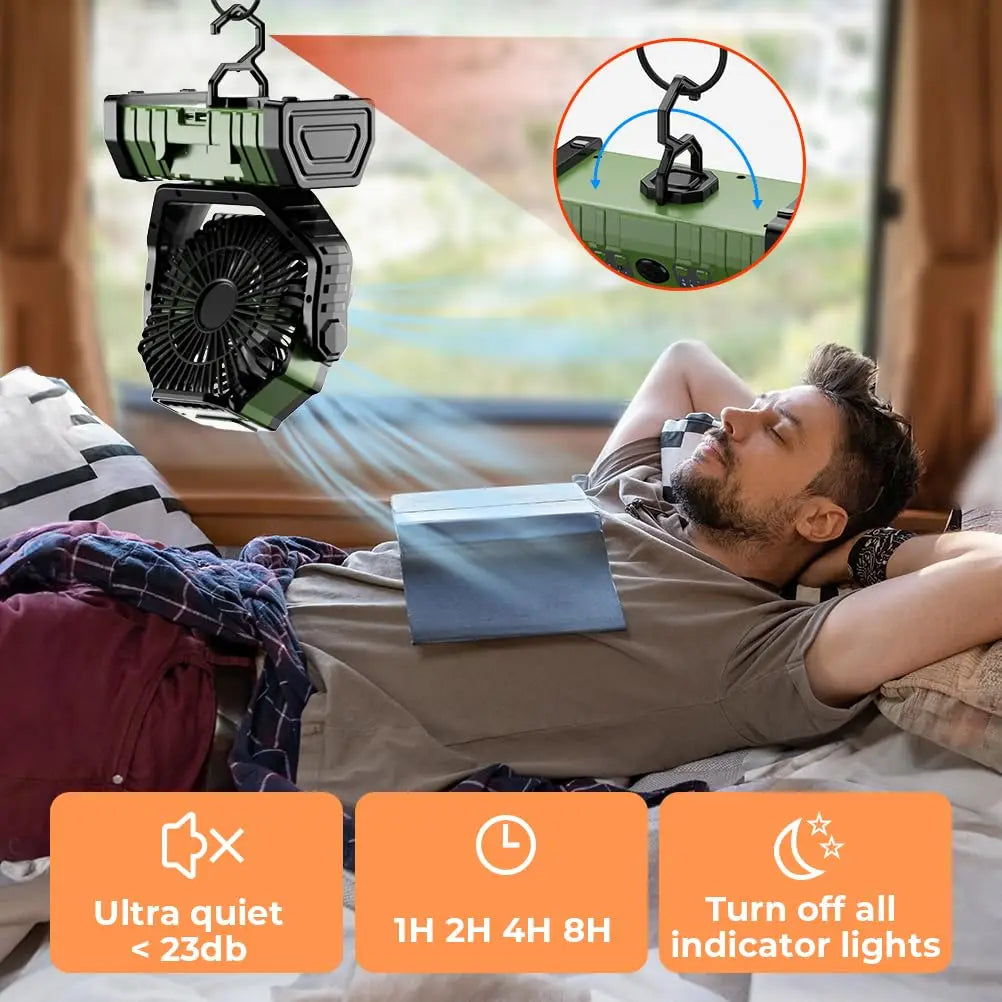 Camping Tent Fan with LED Light | USB Power Bank | Tent & Bed | Green