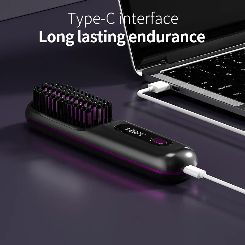 Cordless Hair Straightener Brush | USB-C Heat & LCD | Travel Styling