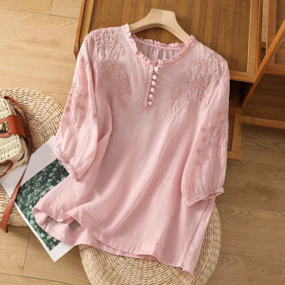 Women's Embroidered Ruffle-Neck Button-Front Blouse
