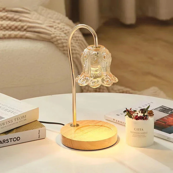 Glass Flower Candle Warmer Lamp | Dimmable | Wood & Gold Base
