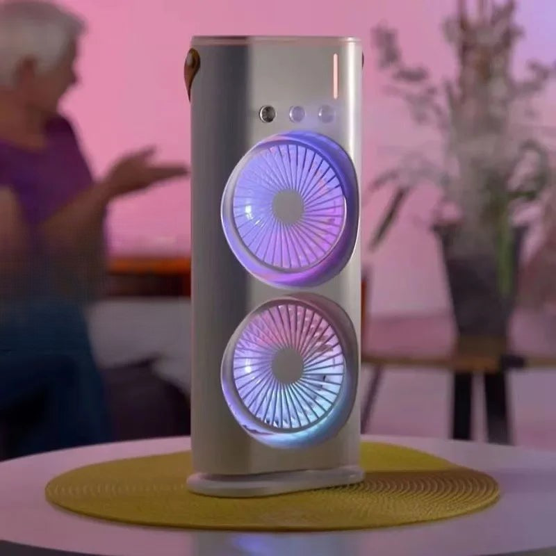 Dual Fan Tower Mist Fan | Cooling Humidifier & LED | Bedroom & Living | White