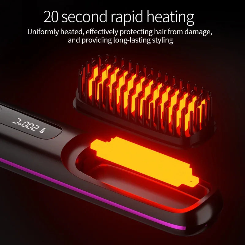 Cordless Hair Straightener Brush | USB-C Heat & LCD | Travel Styling