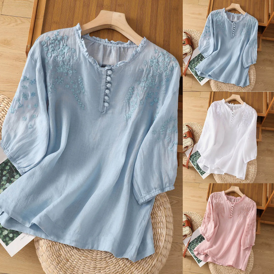 Women's Embroidered Ruffle-Neck Button-Front Blouse