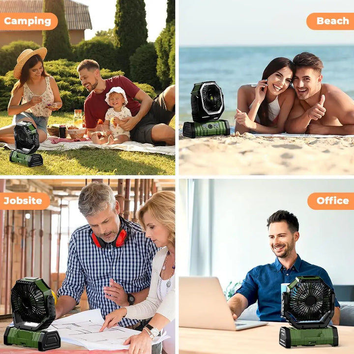 Camping Tent Fan with LED Light | USB Power Bank | Tent & Bed | Green
