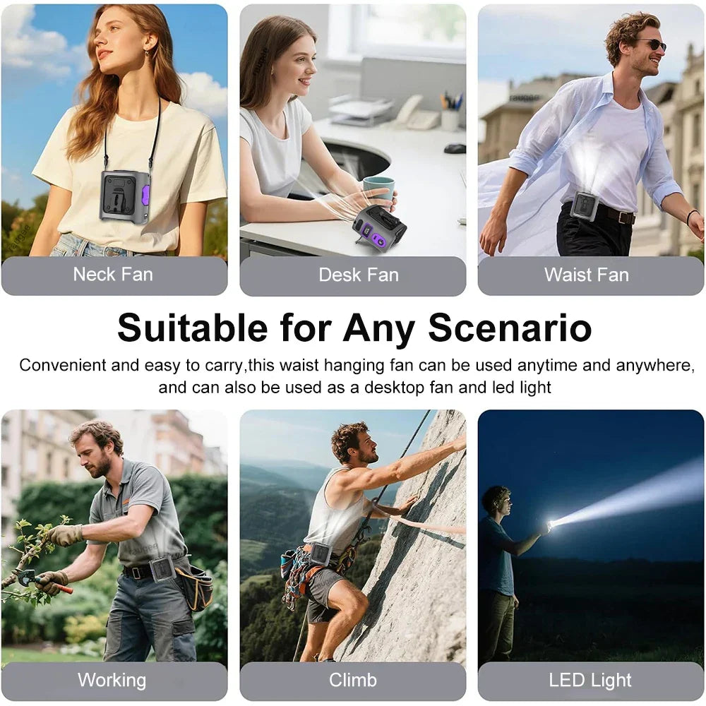 Portable Waist Fan | 8000mAh Power Bank & LED | Outdoor Work & Hike