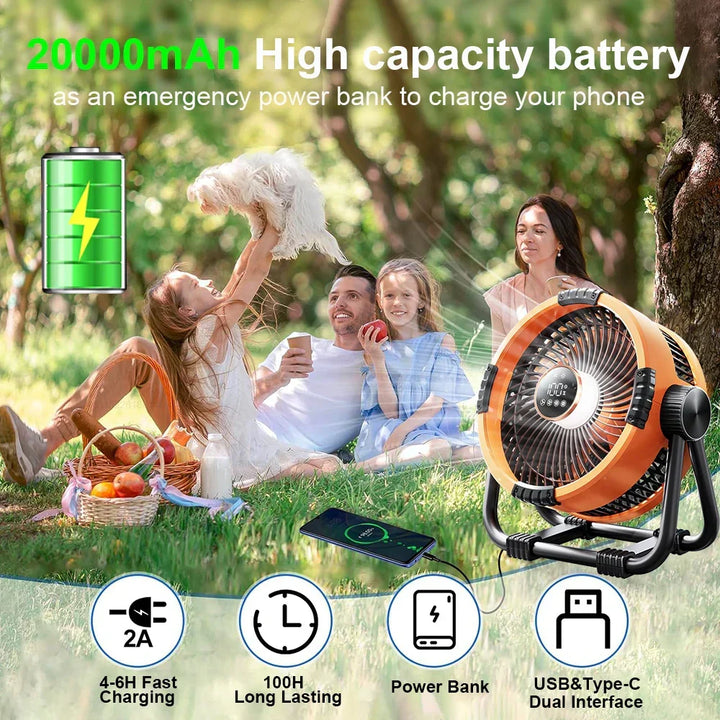 Portable Camping Fan with Light | Battery Operated | Tent & Outdoors | Orange