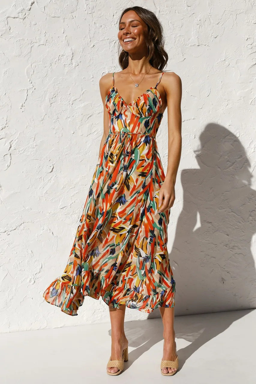 Women's Floral Spaghetti Strap Midi Dress