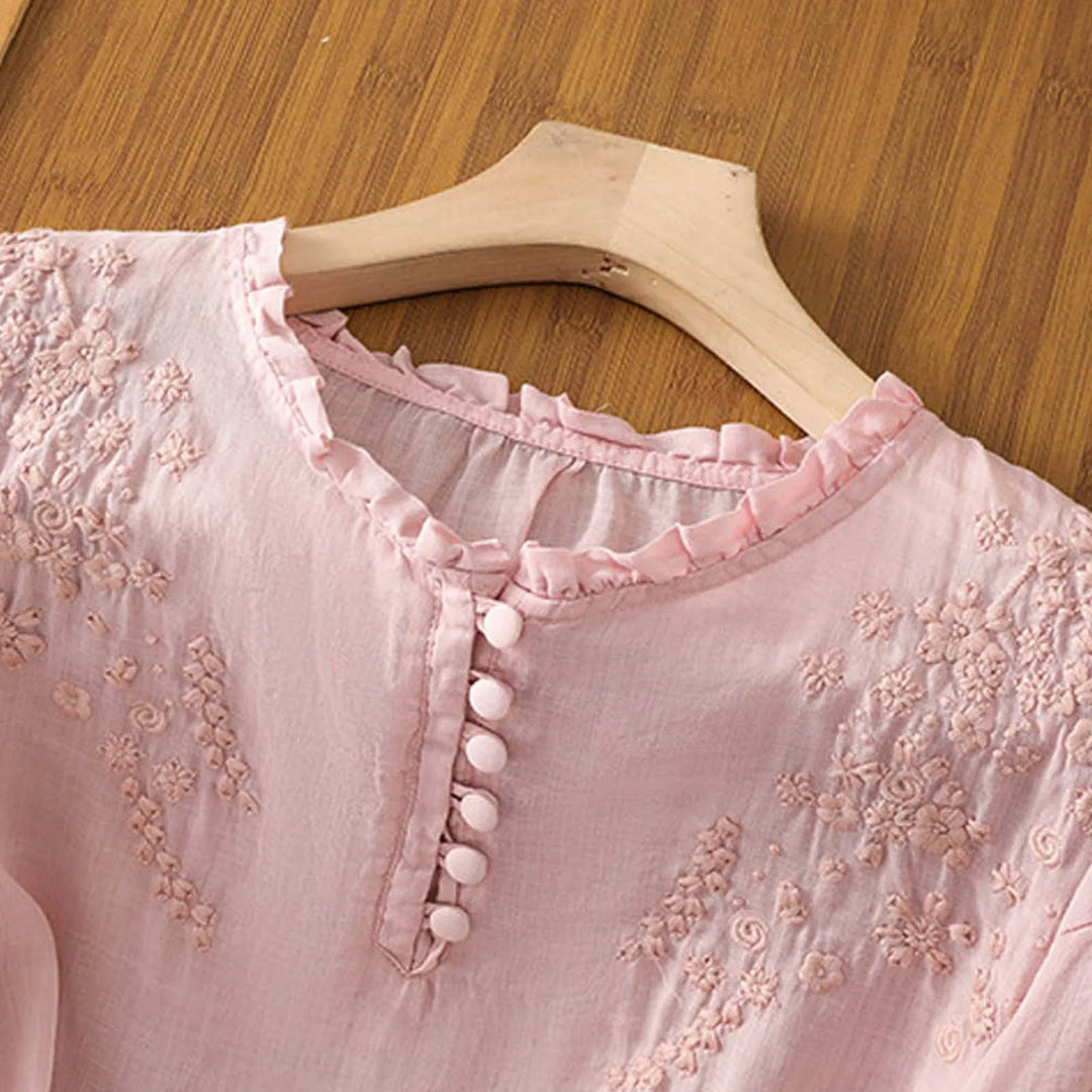 Women's Embroidered Ruffle-Neck Button-Front Blouse