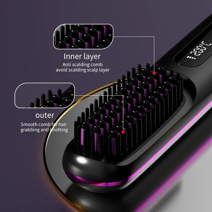 Cordless Hair Straightener Brush | USB-C Heat & LCD | Travel Styling
