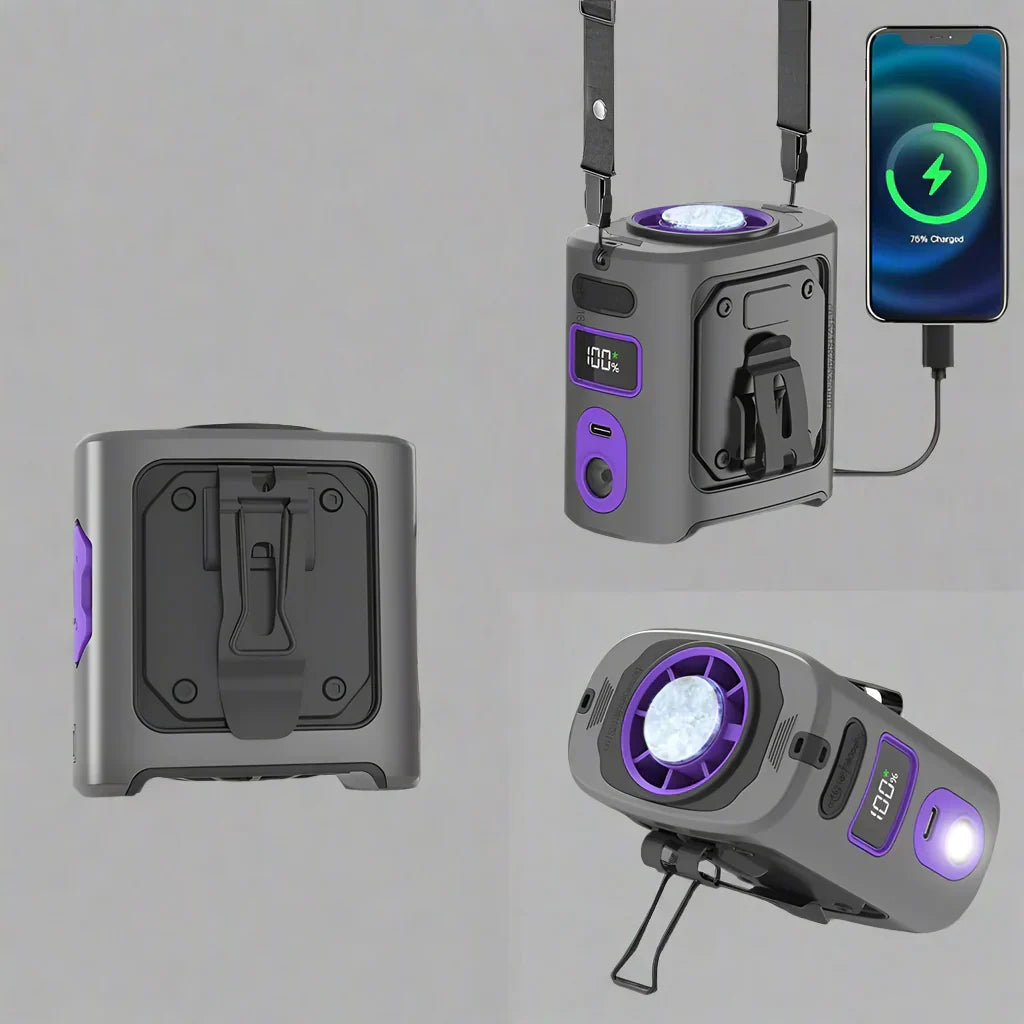 Portable Waist Fan | 8000mAh Power Bank & LED | Outdoor Work & Hike