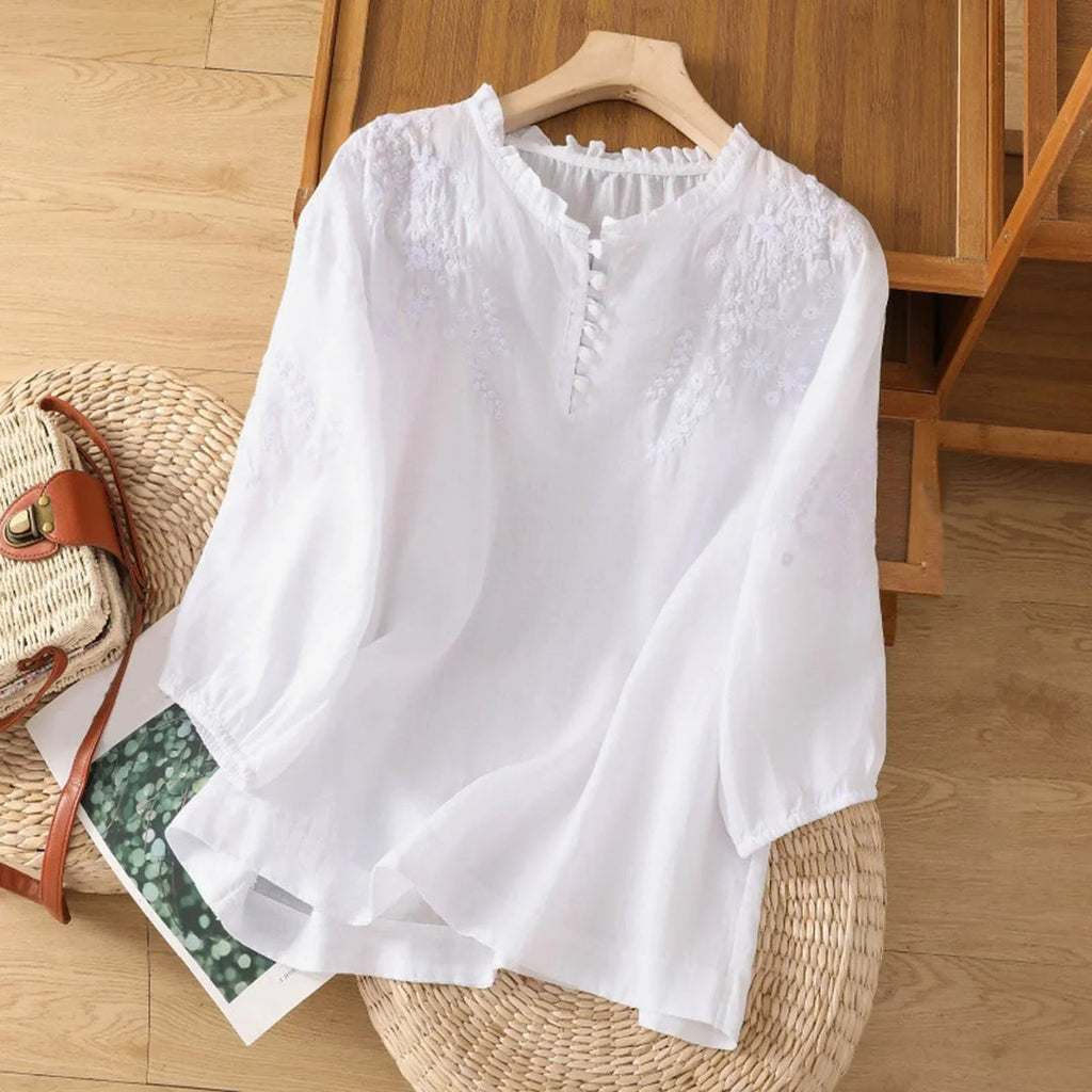 Women's Embroidered Ruffle-Neck Button-Front Blouse