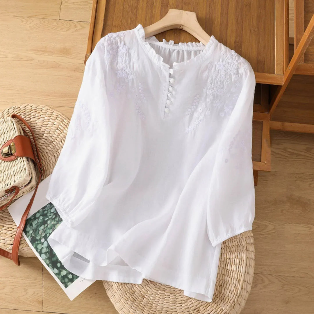 Women's Embroidered Ruffle-Neck Button-Front Blouse