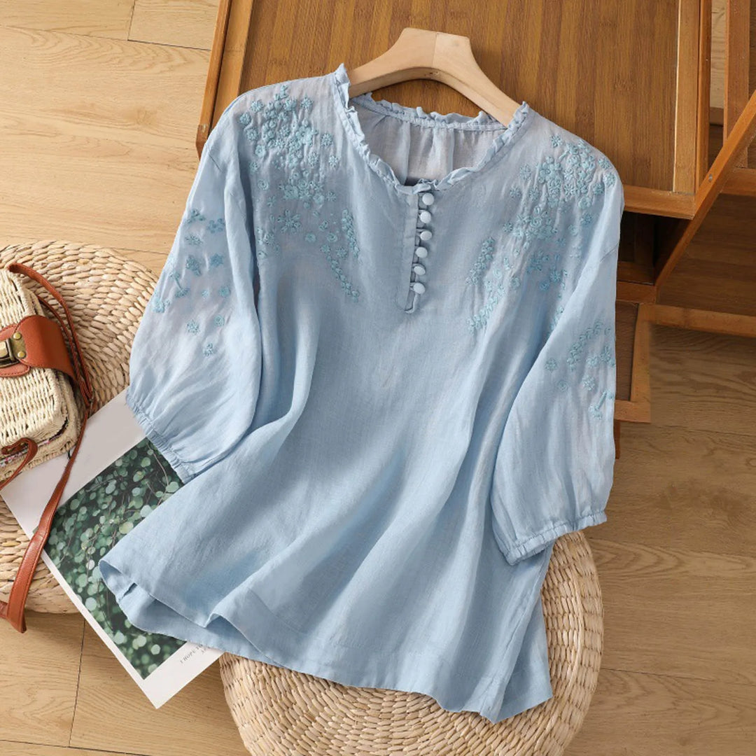 Women's Embroidered Ruffle-Neck Button-Front Blouse