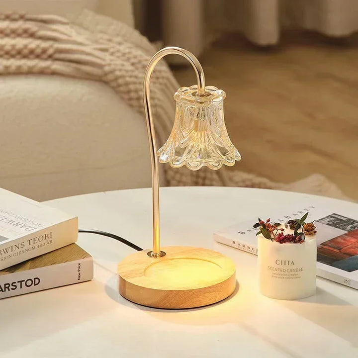 Glass Flower Candle Warmer Lamp | Dimmable | Wood & Gold Base