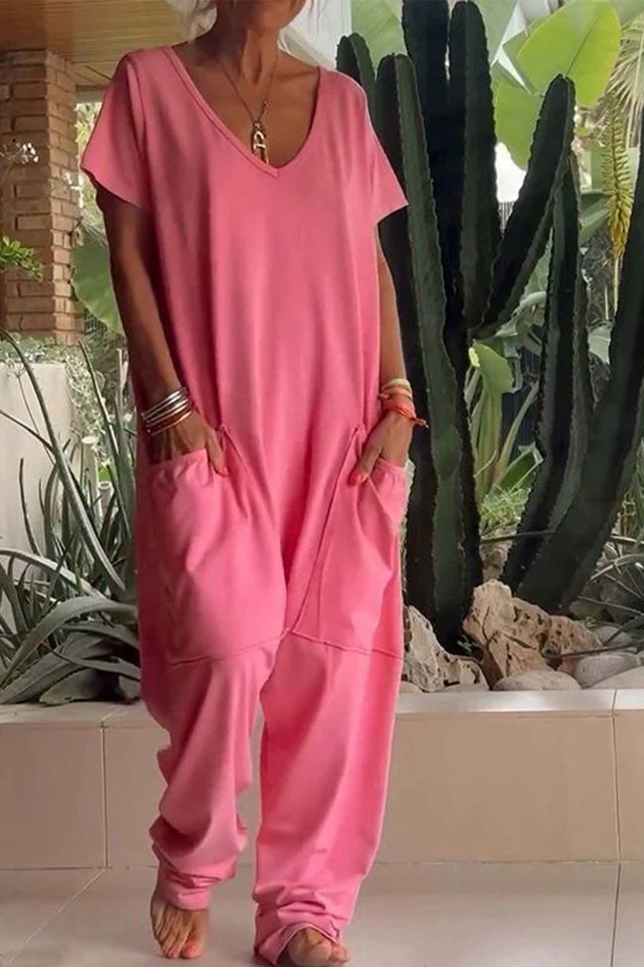 Women's V-Neck Short Sleeve Casual Jumpsuit