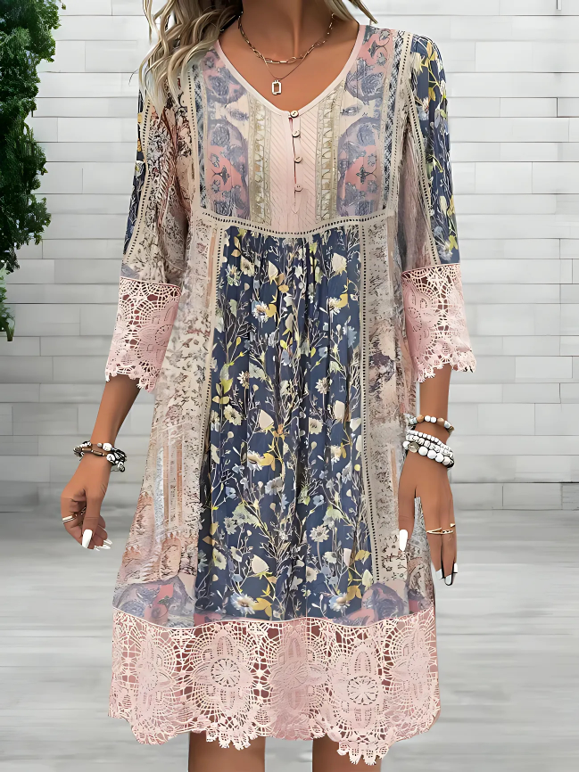 Covernorth Women's Floral Patchwork V-Neck Lace-Trim Dress
