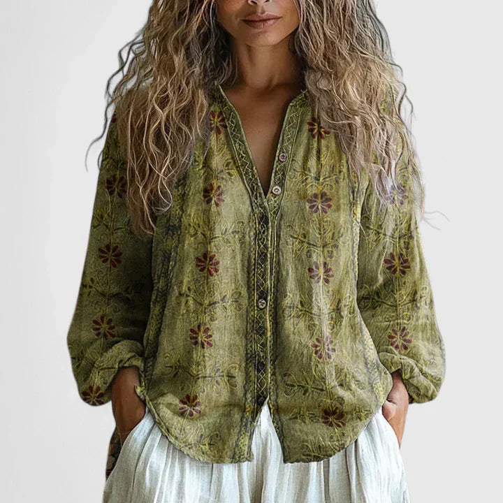 Women's Floral Print Linen V-Neck Blouse