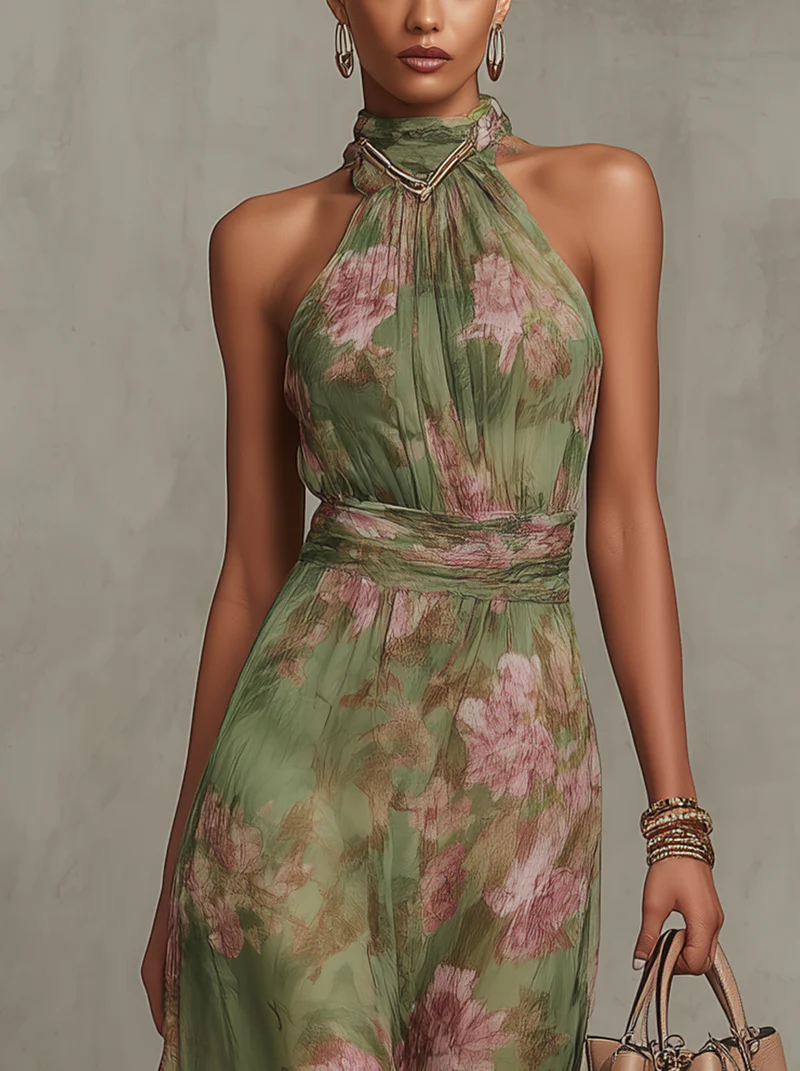 Women’s Floral Halter Chiffon Maxi Dress