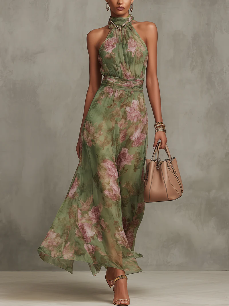 Women’s Floral Halter Chiffon Maxi Dress