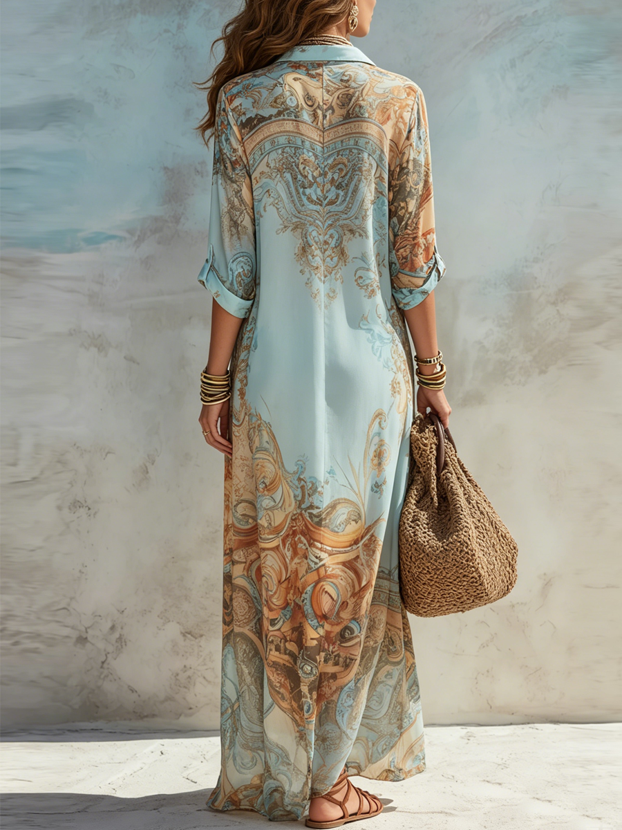 Women's Printed Paisley Maxi Shirt Dress