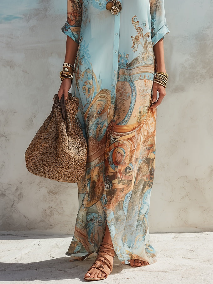 Women's Printed Paisley Maxi Shirt Dress
