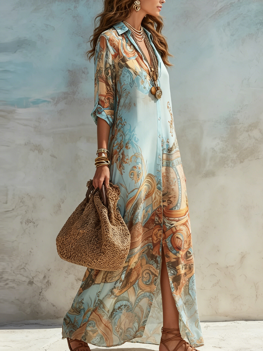 Women's Printed Paisley Maxi Shirt Dress