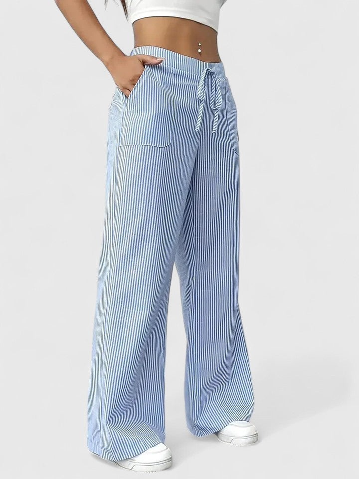 Women's Striped Wide-Leg Drawstring Trousers