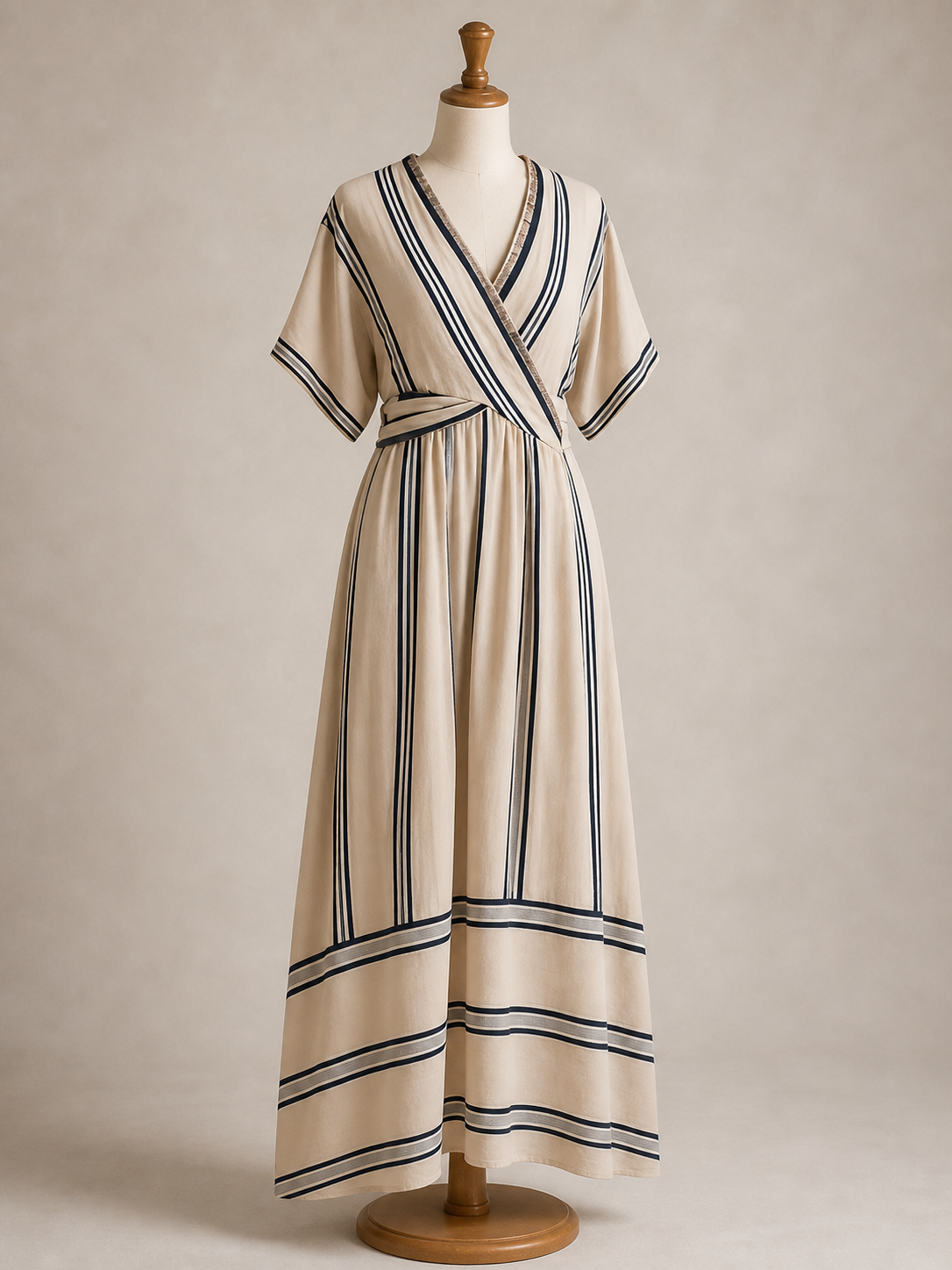 Women's Striped V-Neck Wrap Maxi Dress