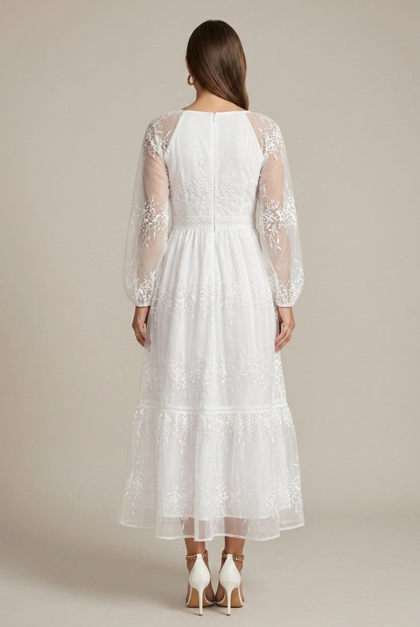 Sheer Long-Sleeve Tiered Midi Dress