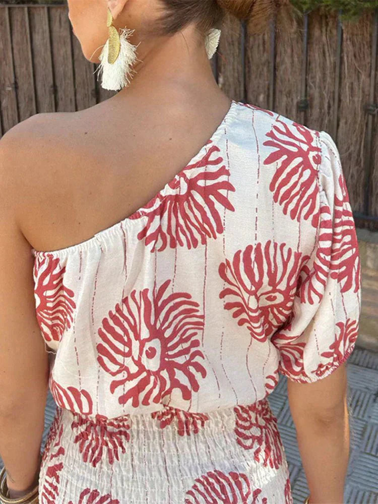 Women’s Floral Print One-Shoulder Smocked Mini Dress