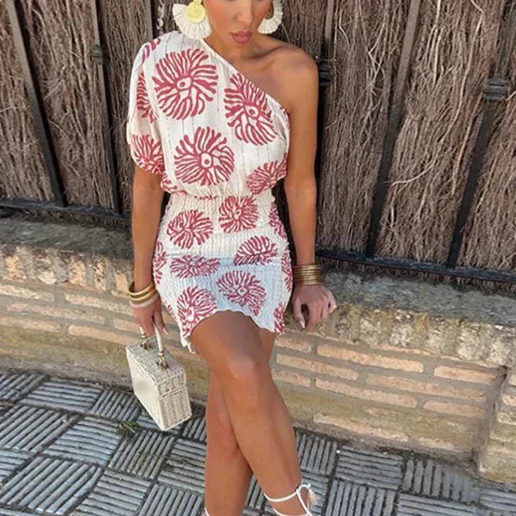 Women’s Floral Print One-Shoulder Smocked Mini Dress