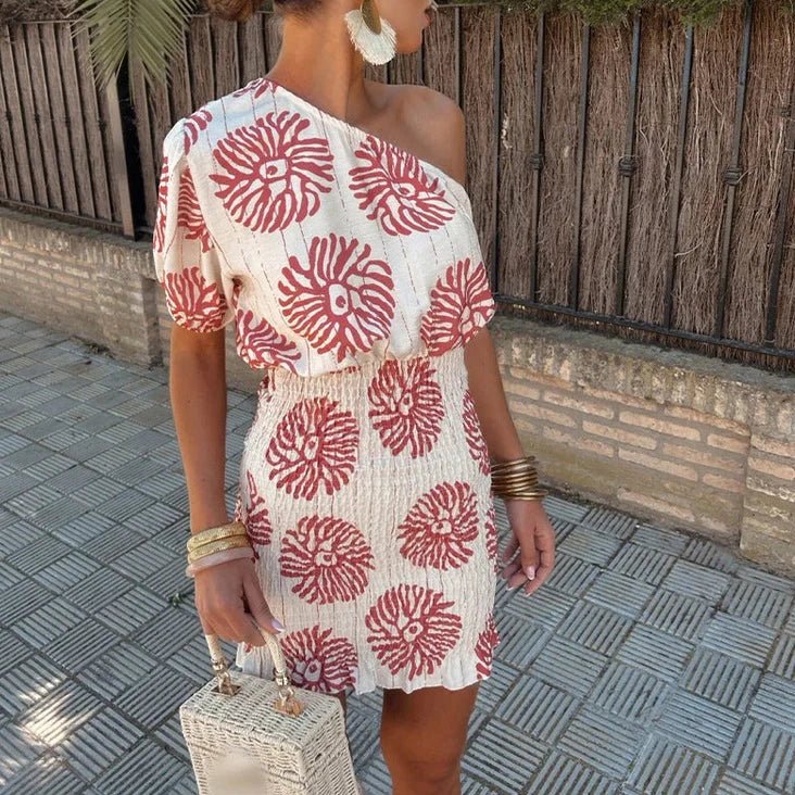 Women’s Floral Print One-Shoulder Smocked Mini Dress