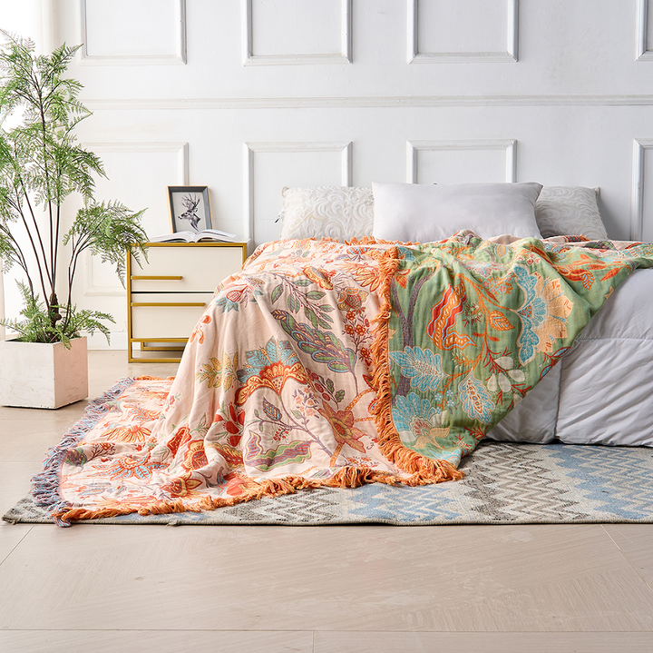 Bohemian Floral Throw Blanket - Luxury Fringed Couch Cover