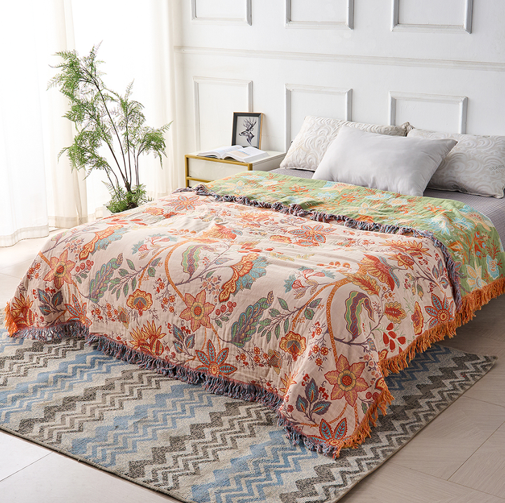 Bohemian Floral Throw Blanket - Luxury Fringed Couch Cover