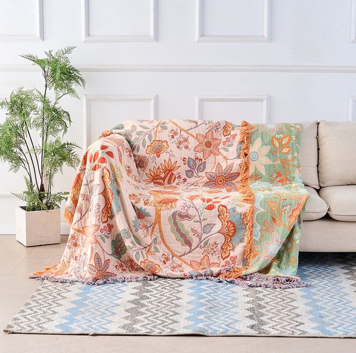 Bohemian Floral Throw Blanket - Luxury Fringed Couch Cover