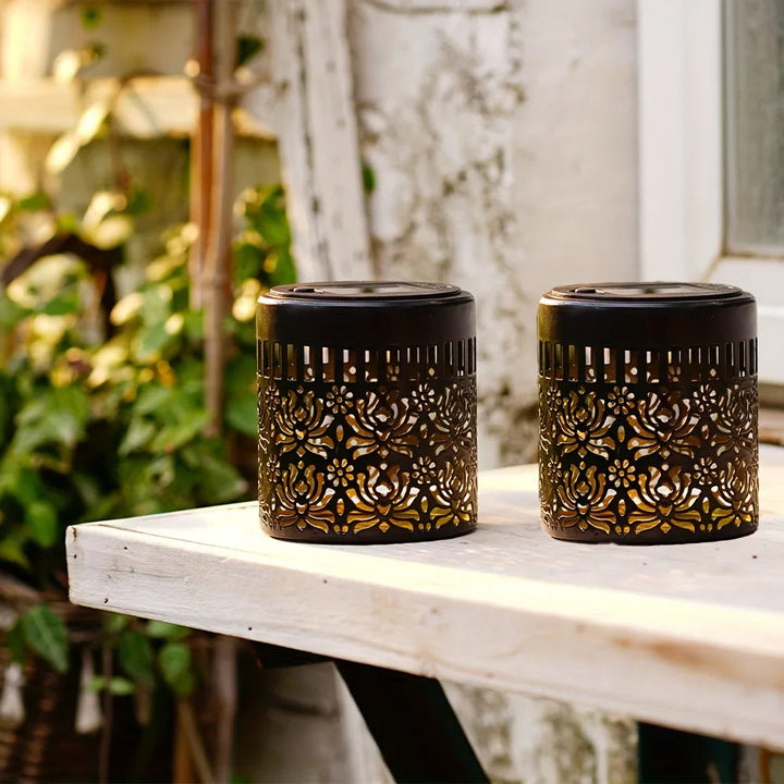 Decorative Solar Wall Lamp Metal Peony Pattern Outdoor Lighting 2 Piece Set