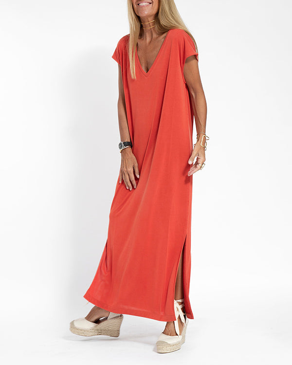 Women V Neck Maxi Dress Side Slit Short Sleeve