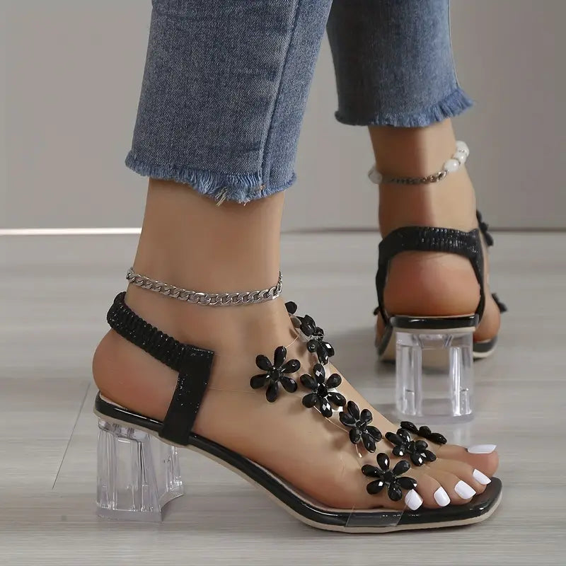 Covernorth Women's Rhinestone Flower Clear Block Heel Sandals