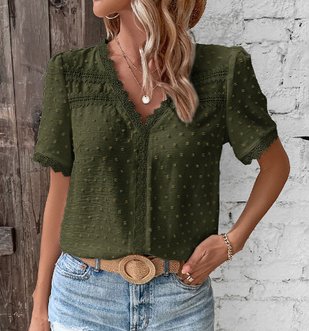 Women's Chiffon Blouse Short Sleeve V Neck Top