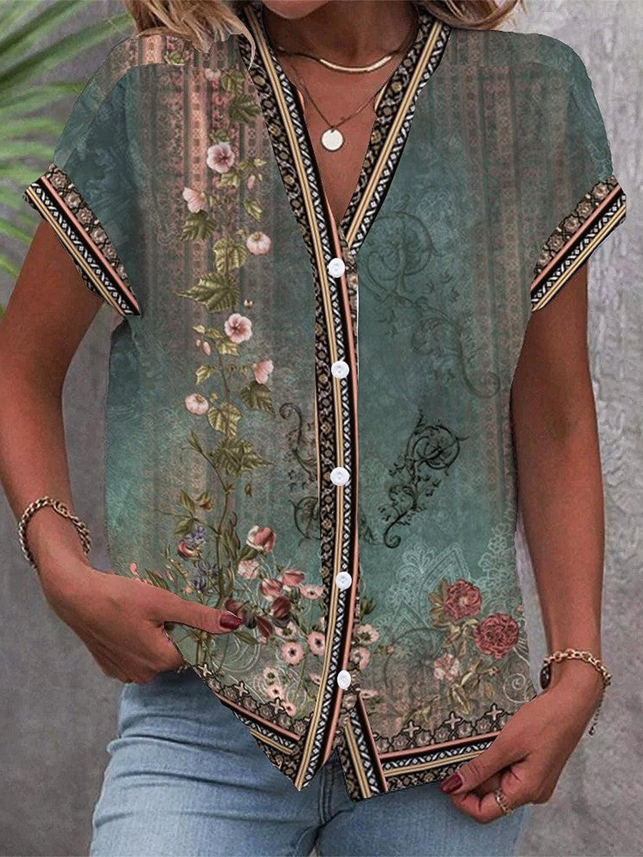 Covernorth Women's Floral Print V-Neck Button-Down Blouse