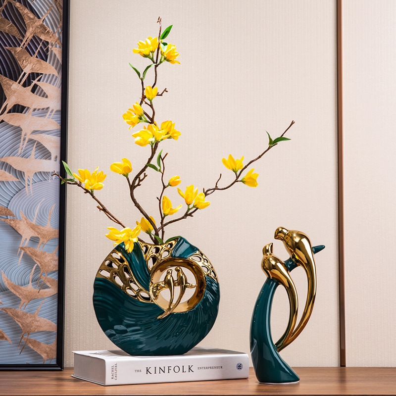 Ceramic Emerald Gold Bird Home Decor Statue