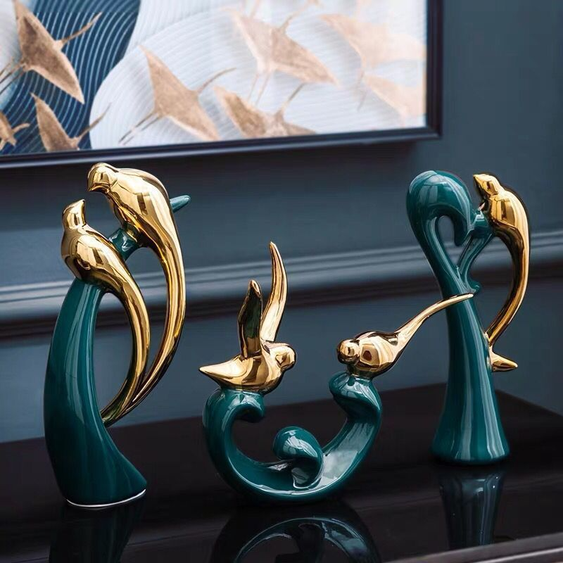 Ceramic Emerald Gold Bird Home Decor Statue