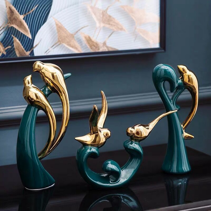 Ceramic Emerald Gold Bird Home Decor Statue