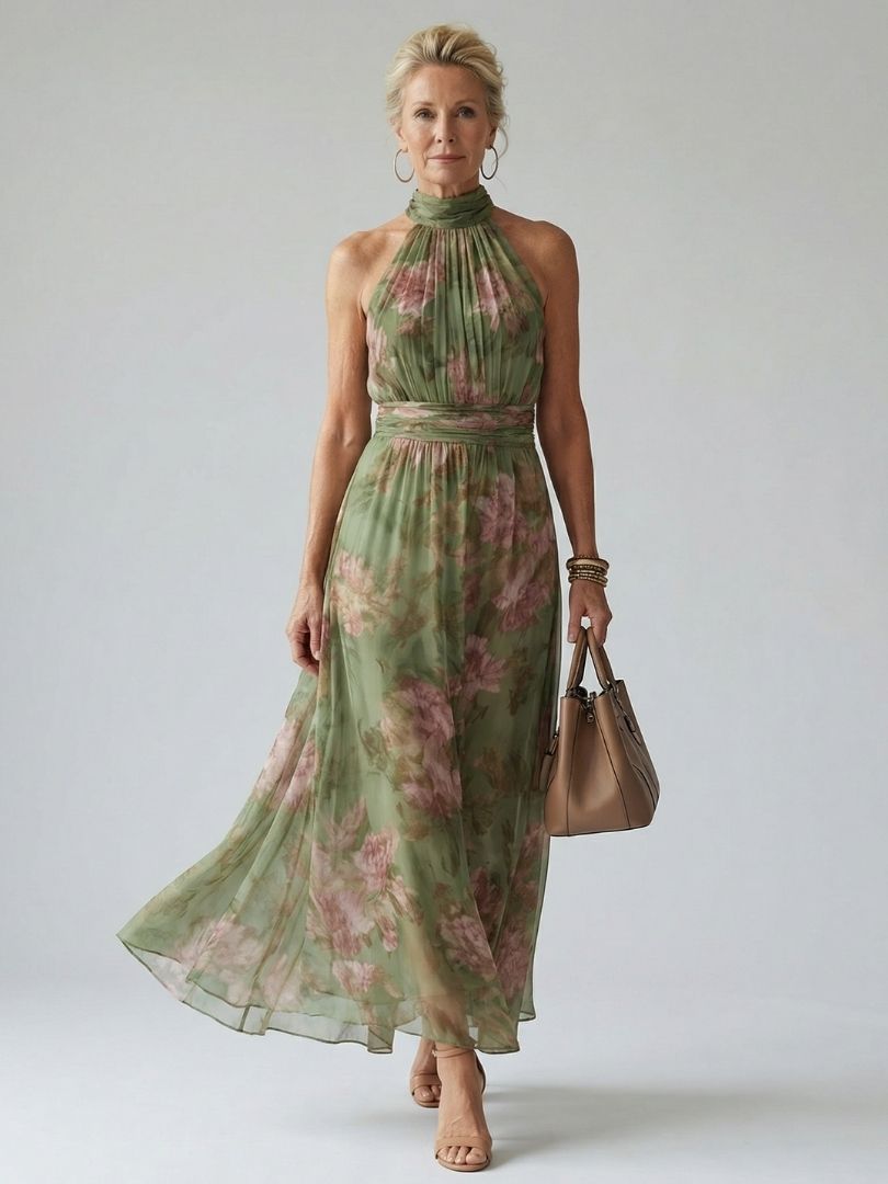 Covernorth Women's Floral Chiffon Halter Maxi Dress