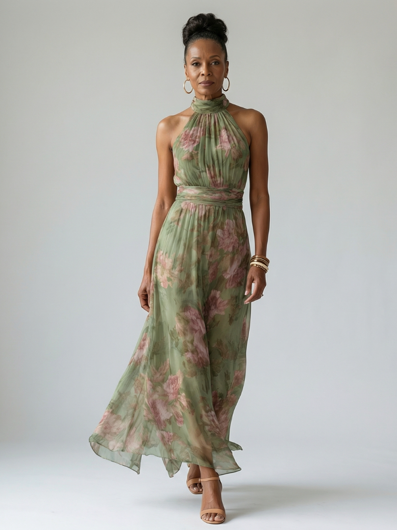 Covernorth Women's Floral Chiffon Halter Maxi Dress