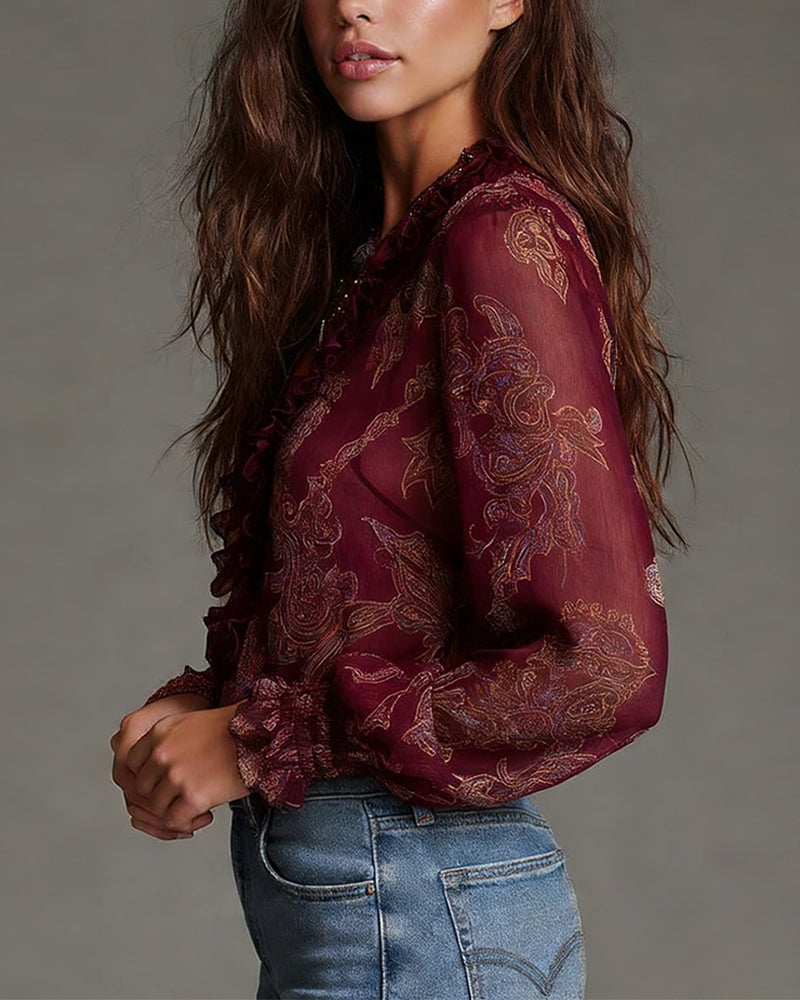 Women’s Ruffle V-Neck Paisley Blouse