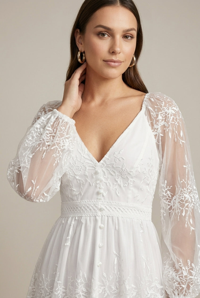 Sheer Long-Sleeve Tiered Midi Dress