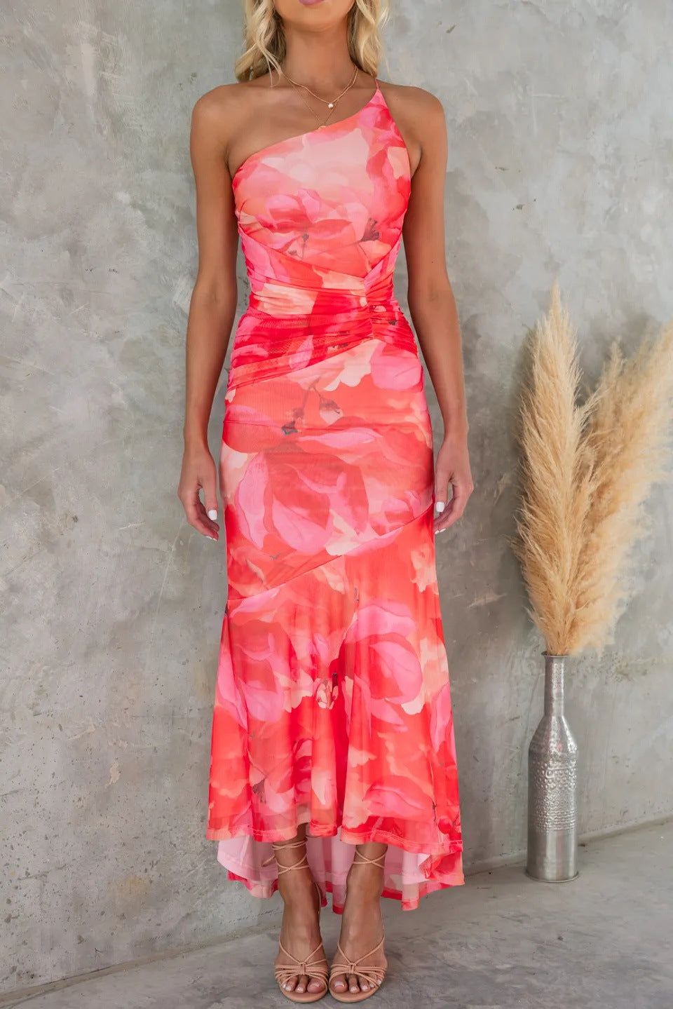 Women’s Floral One-Shoulder Ruched High-Low Maxi Dress