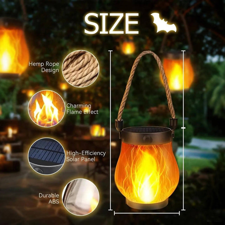 Solar Lantern | Flickering Flame, Rope Handle | Patio Garden Light | Black